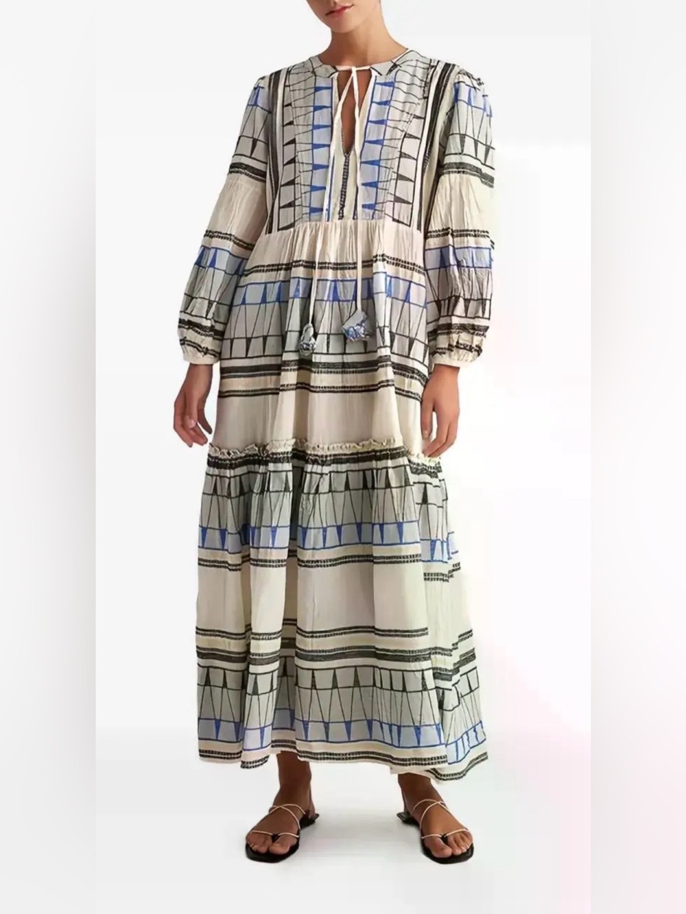 PEARL & CAVIAR Vacation Boho Cotton Lurex Tiered Geometric Dress Size XS/S VGUC